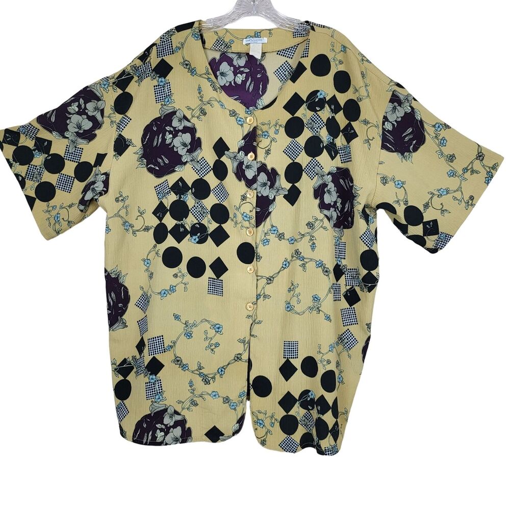 Ship' n Shore Button Blouse Women 20 Tan Multi Color Floral Short Sleeve VTG